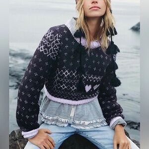 Free People Small Black Onyx Combo Snow Globe Pullover Alpaca Blend Sweater Top